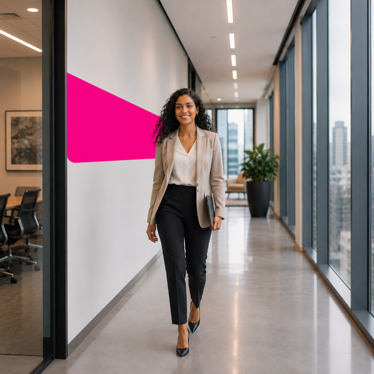 Senior leader walking through the office, Kubicle pink brand graphic in the background