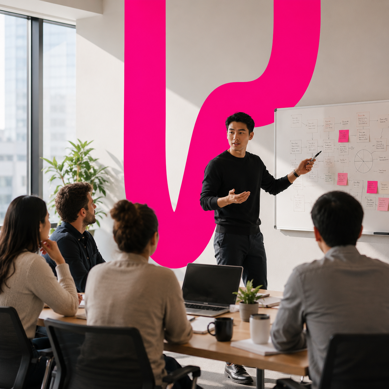 Manager presenting to a seated team in a meeting room