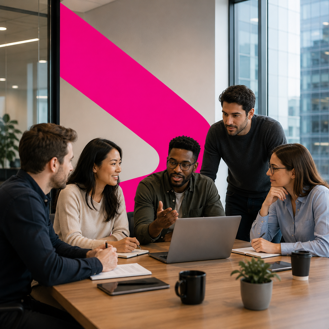 Cross-functional team collaborating around a laptop